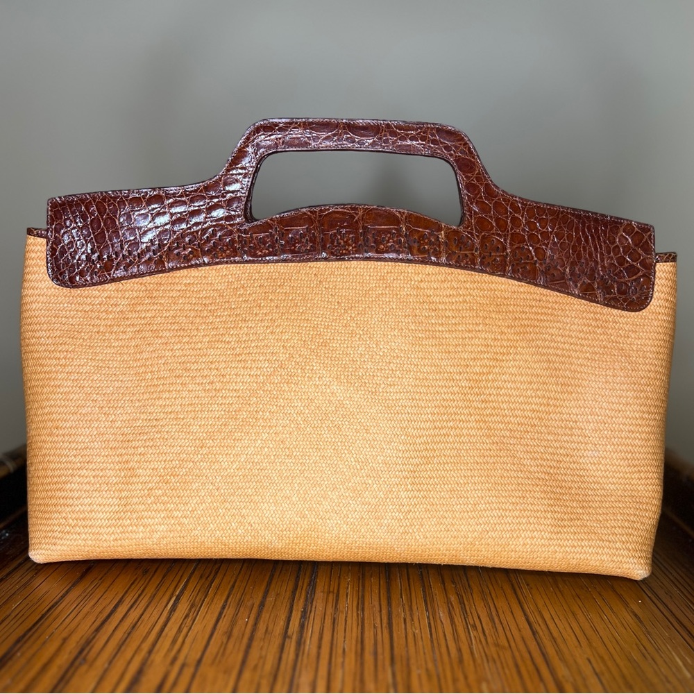 Nancy Gonzalez Linen Crocodile Leather Tote Handbag